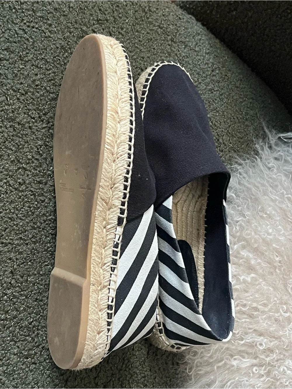 Off-White Black Canvas Espadrille Slip-Ons with Black-and-White Striped Heel